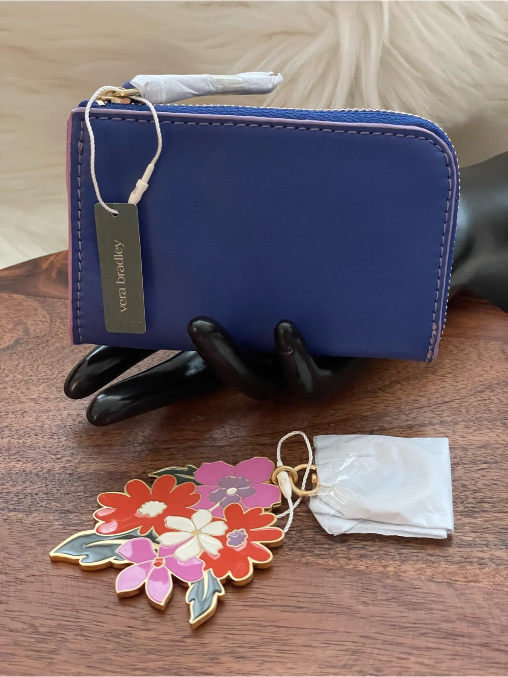 VERA BRADLEY 2 Piece Set: Leather ZipCard Case and Flower Keychain
